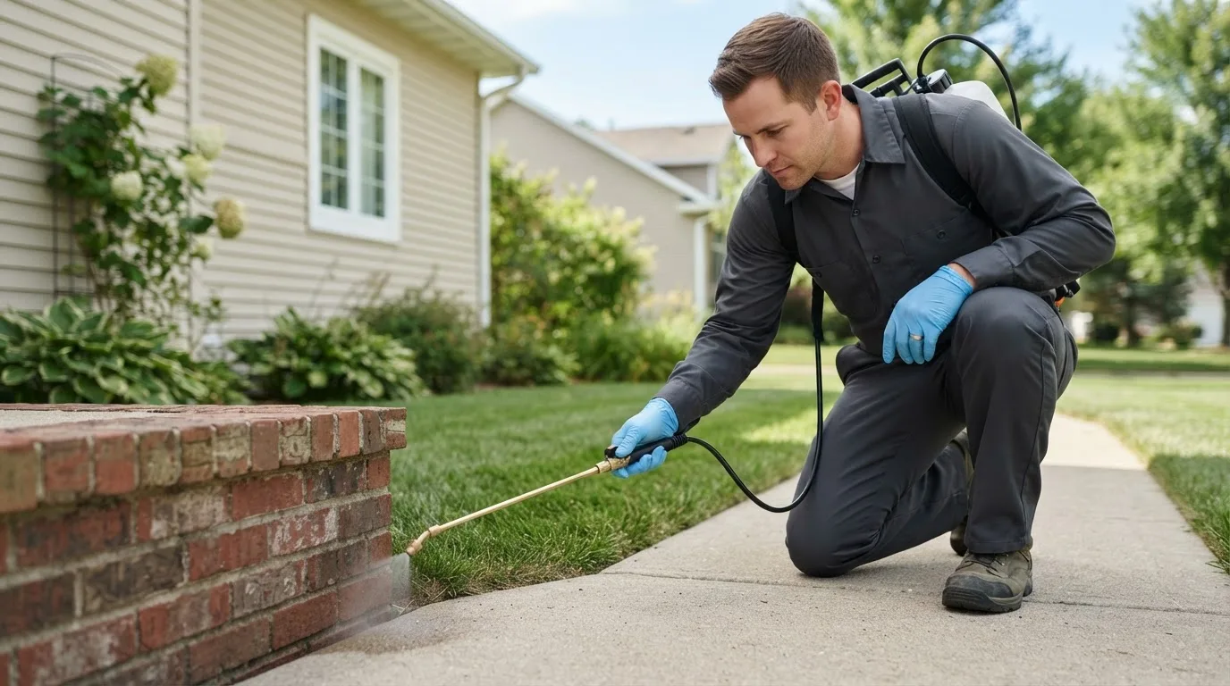 Pest control technician treating a home near Villa Maria, PA